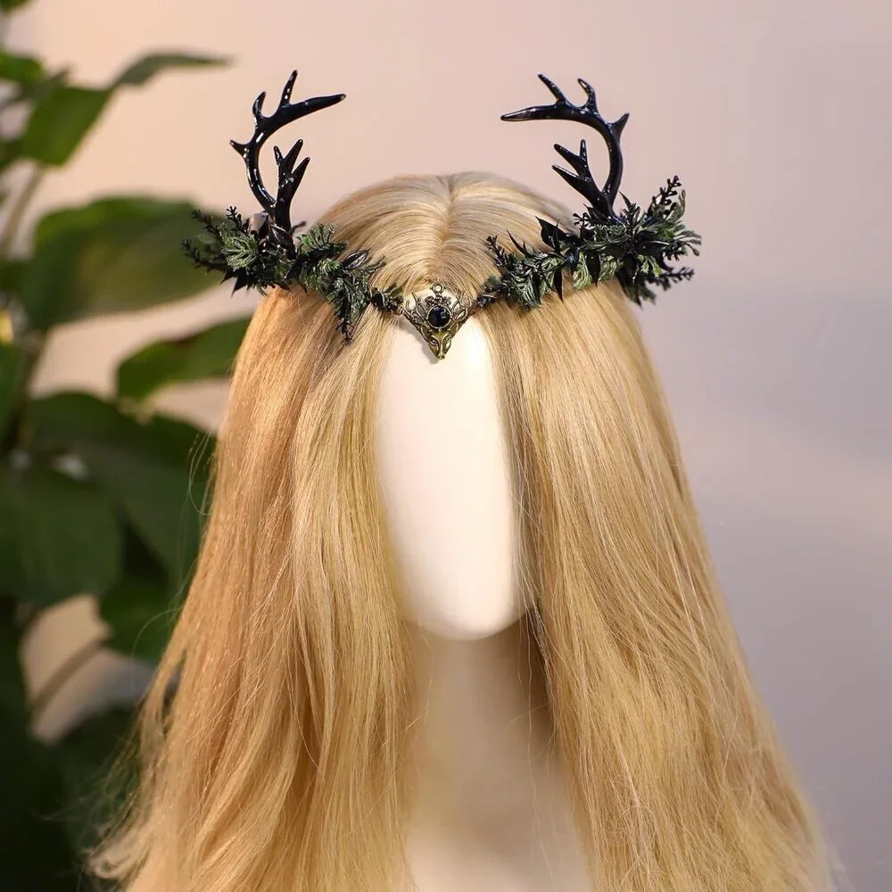 Light Up Elf Crown Black Antler Headpiece Gothic Flower Tiara for Cosplay